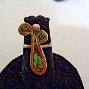Unique Navajo RING Sterling Silver w/ Crushed Turquoise Coral Sz 5.25 3.8 Grams